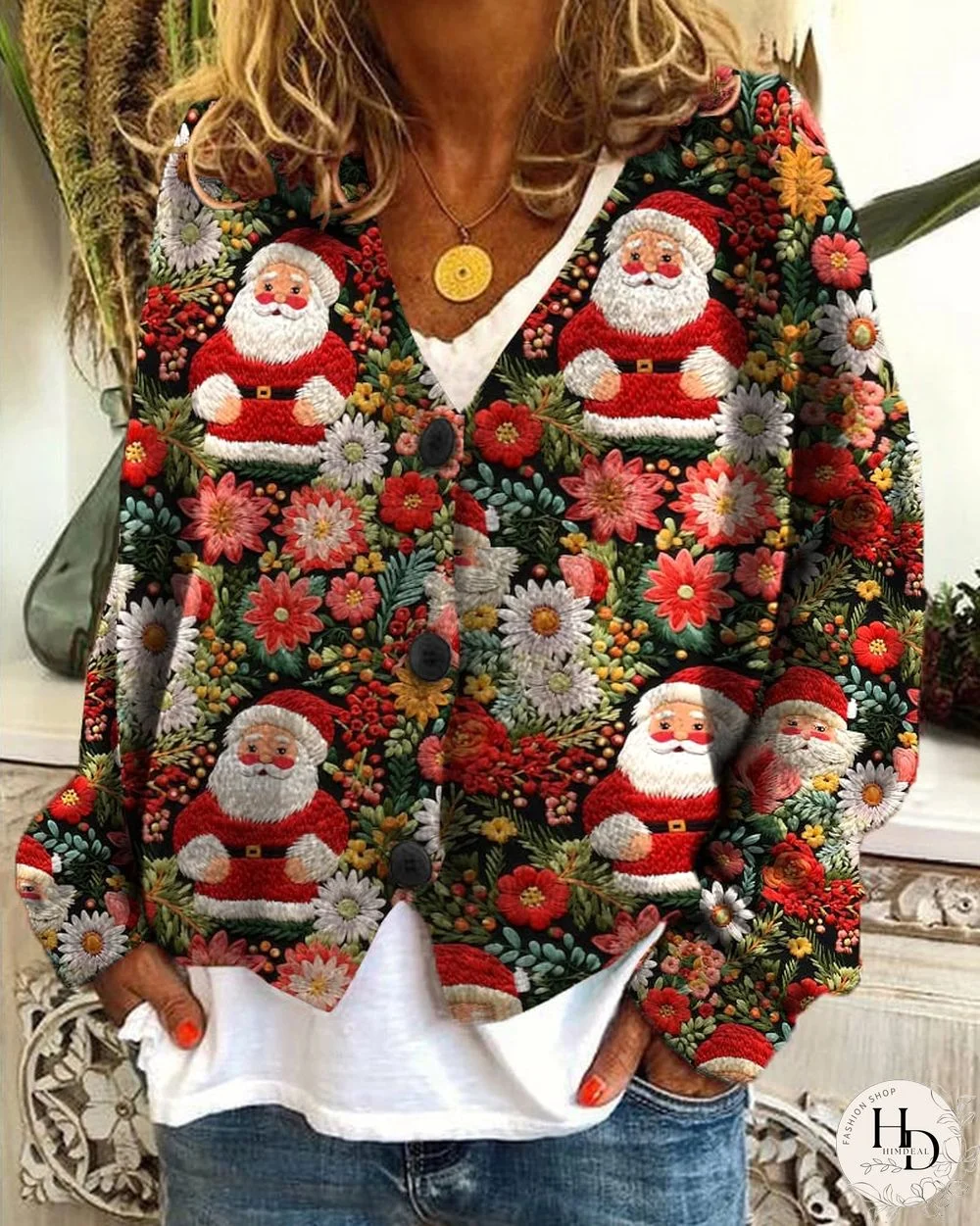 Women's Embroidered Christmas Print Casual Loose Button Flannel Cardigan