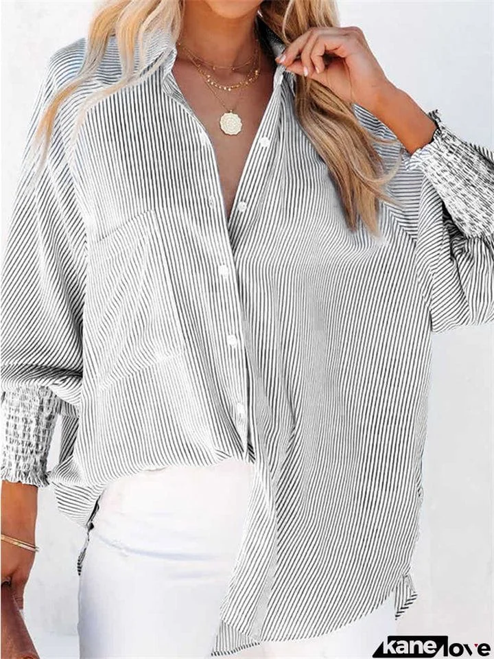 Female Chic Stripe Stand Collar Loose Puff Sleeve Blouses