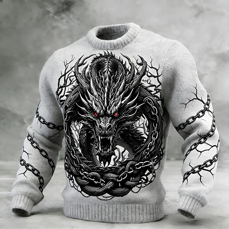 Men's Retro Mythical Dragon Art Graphic Pattern Knit Sweater