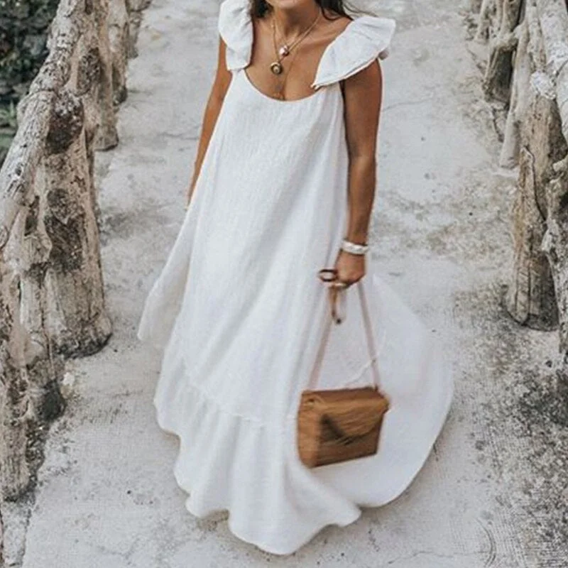 Celmia Bohemian Long Dress 2021 Women Solid Color Sexy Short Sleeve Ruffle Summer Sundress Casual Loose Beach Maxi Vestido Robe