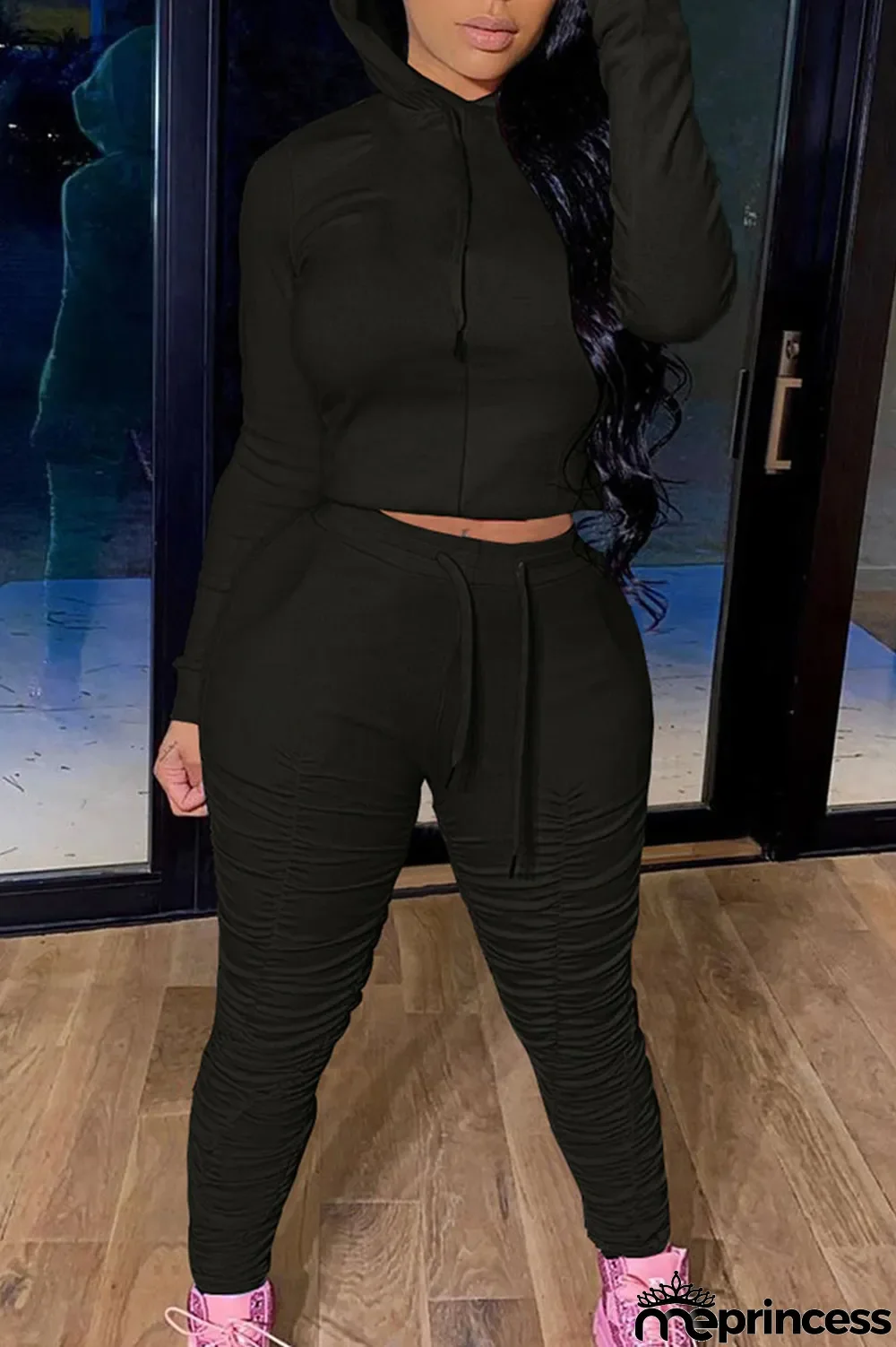 Green Fashion Solid Fold Hooded Collar Long Sleeve Two Pieces