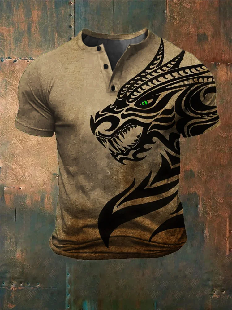 VChics Men's Vintage Agnarok Dragon Graphic Henley Shirt