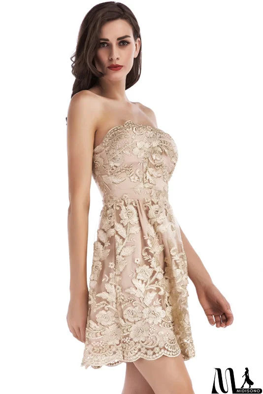 MidiSono - Champagne Embroidered Strapless Backless Prom Dress