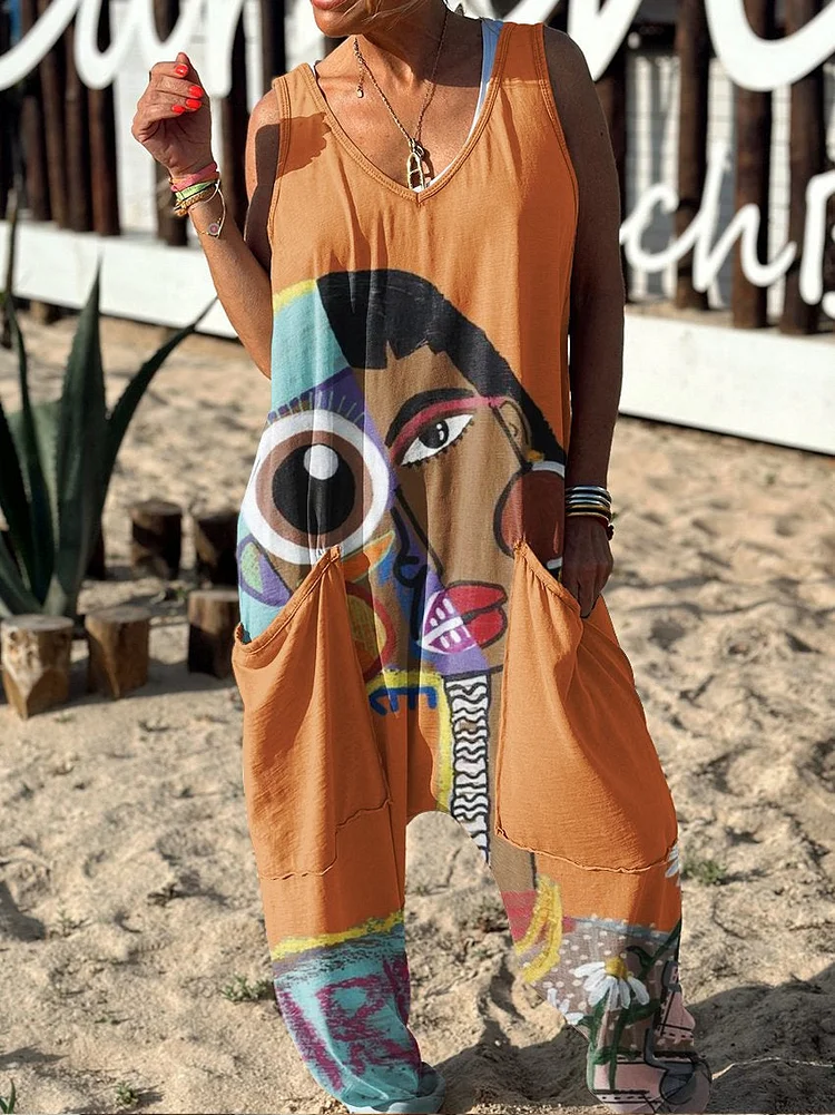 Abstract Pattern Hippie Art Print Casual 100% Cotton Wide Leg Jumpsuit