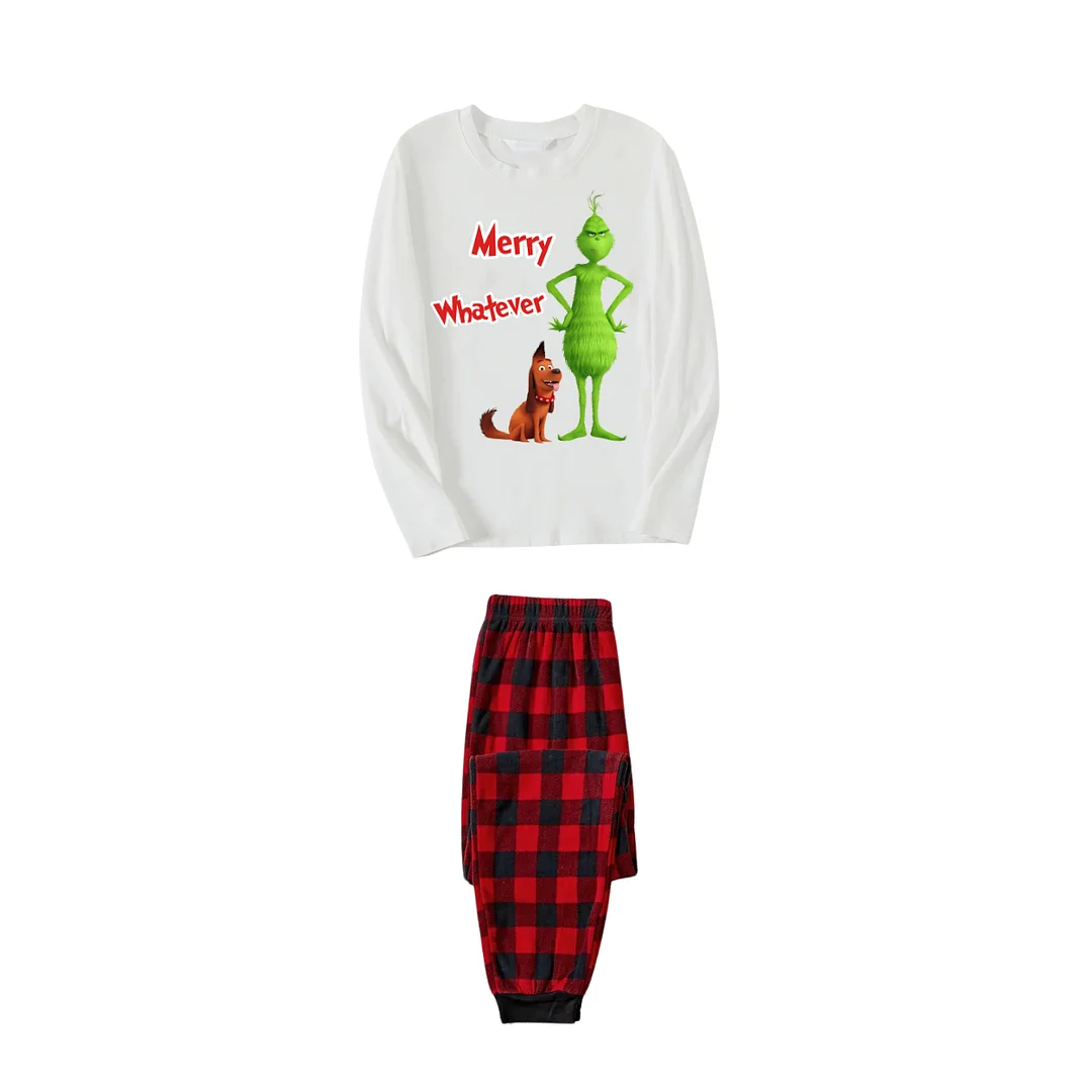 "Merry Whatever" and Cartoon Pattern Printed Red & Black Plaid Family Matching Pajamas