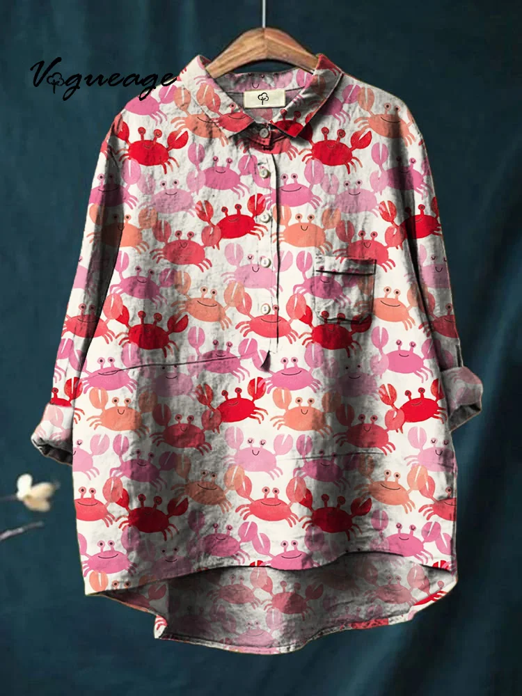 Women's Watercolor Crab Art Print Casual Cotton And Linen Shirt