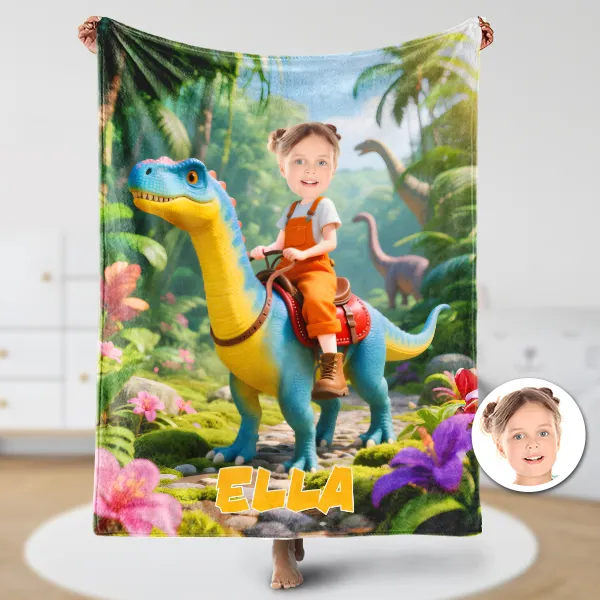 Custom Dinosaur Riding Blankets Female Explorer Personalized Face & Name Hero Blanket Gifts For Girls