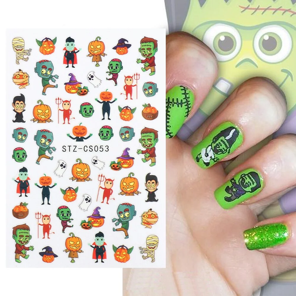 Nail Stickers Back Glue Halloween Pumpkin Zombie Skull Golden Maple Leaf Designs Nail Decal Decoration Tips For Beauty Salons-Nail Inspo