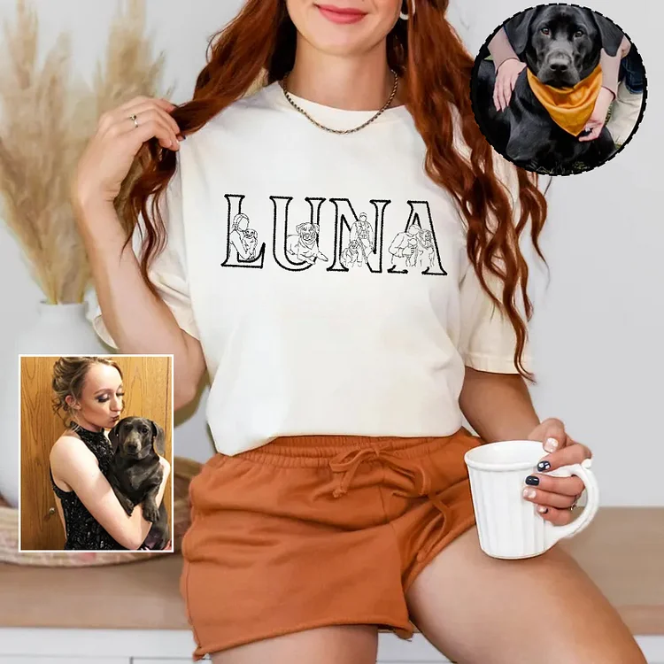  Custom Pet Name and Photo Outline Embroidered T-Shirt Sweatshirt Hoodie