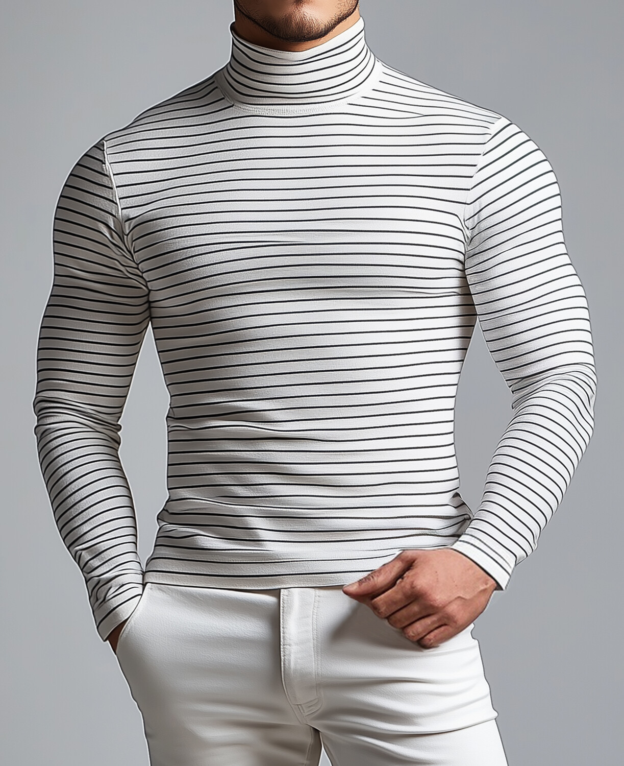 Okaywear High Neck Long Sleeve Stripe Knitted Base Shirt