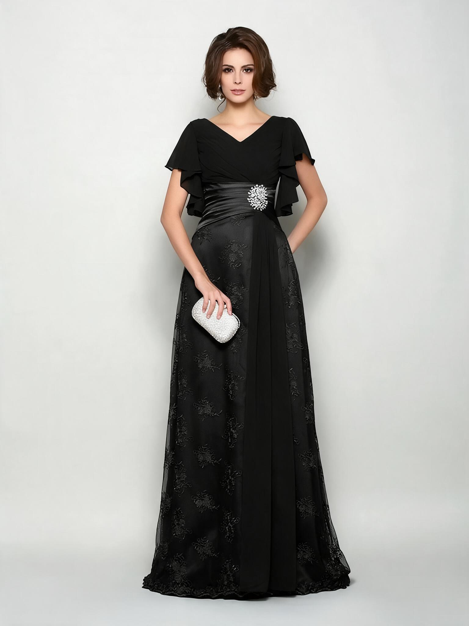 Daisda High-Waisted A-Line Mother Of The Bride Dress With Pleated V-Neck Short Sleeves 