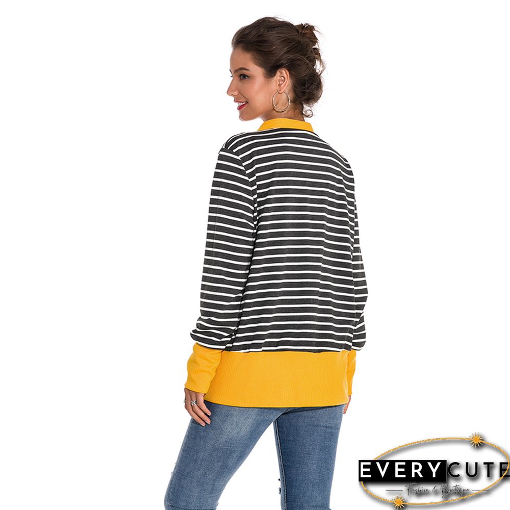 Yellow Hem Black Stripes Button Down Cardigan