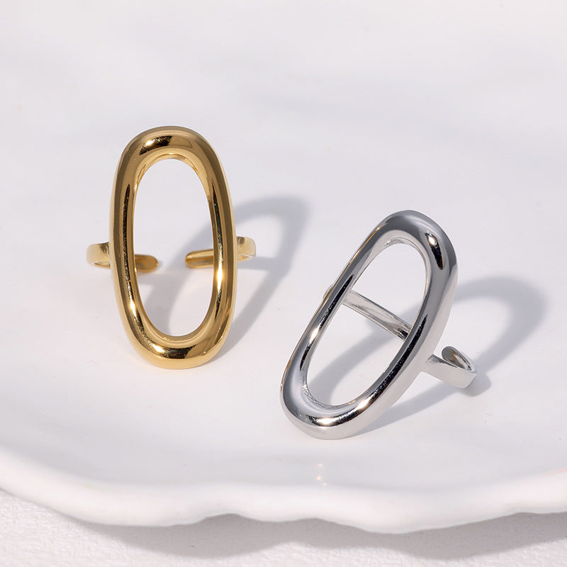 Minimalist Cold Style Stainless Steel Ring Female Geometric Hollow Oval Simple Gold-Plated Open Ring