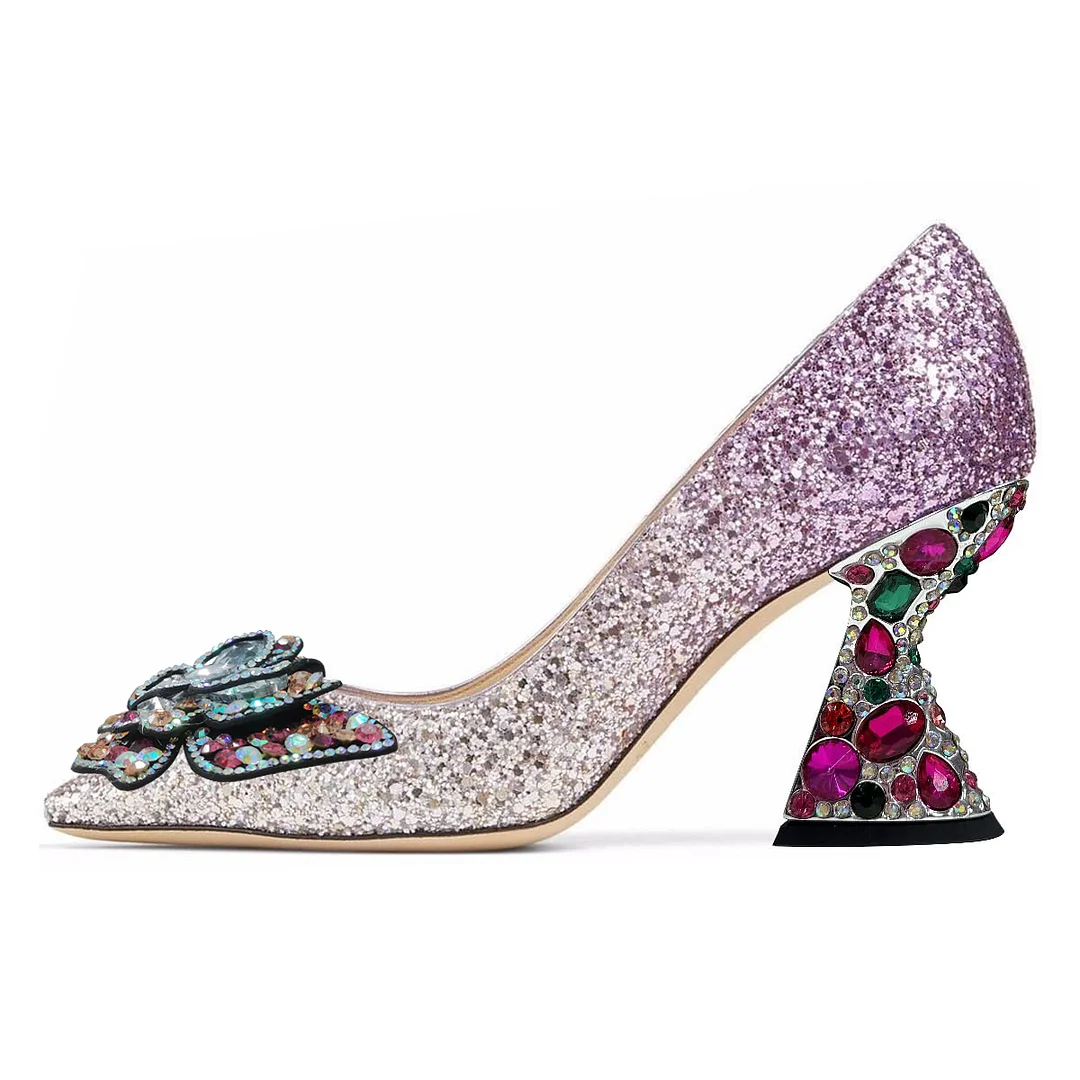 Purple Pointed Rhinestone Embellished Butterfly Sparkling Pumps