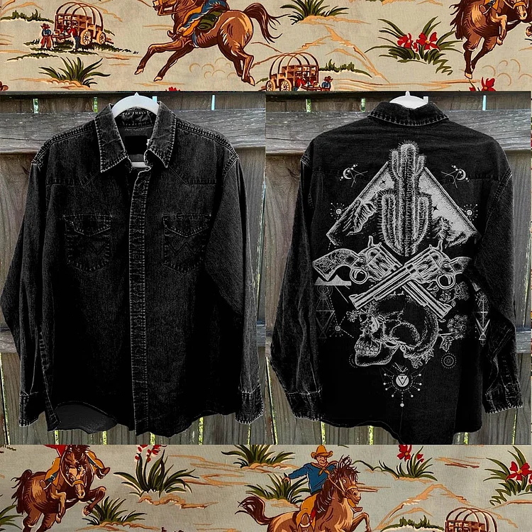Black Cowboy Vintage Print Casual Shirt
