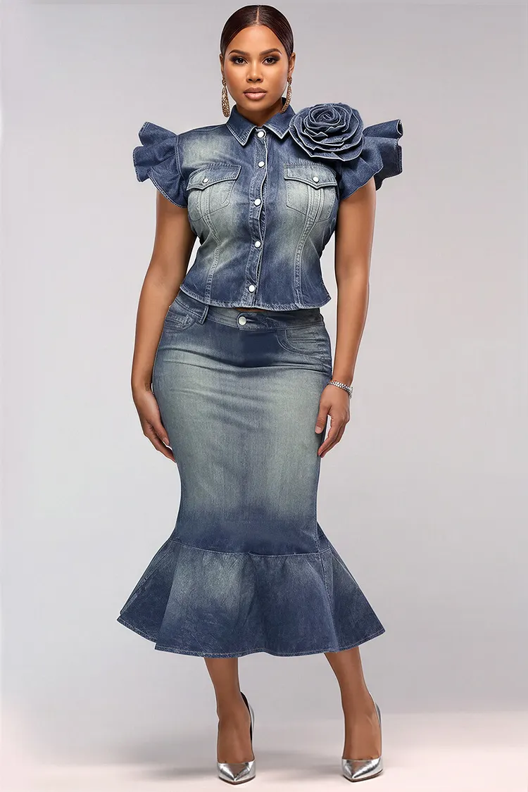 Xpluswear Design Plus Size Business Casual Light Blue Shirt Collar Flutter Sleeve Short Sleeve 3D Mermaid Denim Two Piece Skirt Sets [Pre-Order] 2024 - Xpluswear