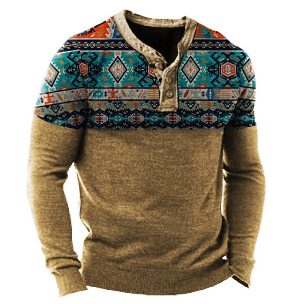 Men's Outdoor Western Ethnic Pattern  Henry Collar T-shirt