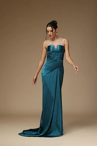 Daisda Stunning Satin Sleeveless Pleated Long Prom Dress 