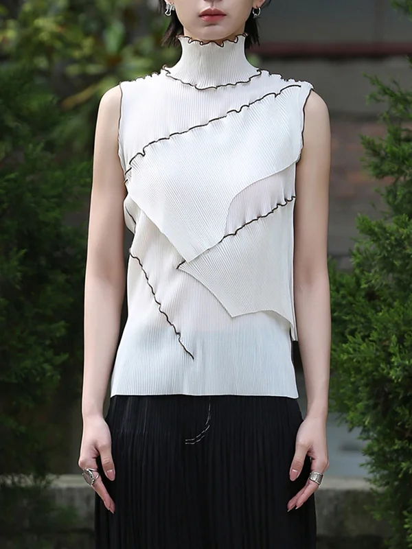 Skinny Sleeveless Asymmetric Color-Block Pleated Split-Joint High-Neck Vest Top