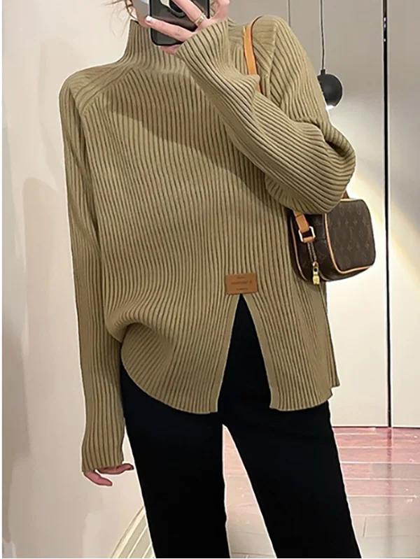 Long Sleeves Loose Split-Front Mock Neck Pullovers Sweater Tops