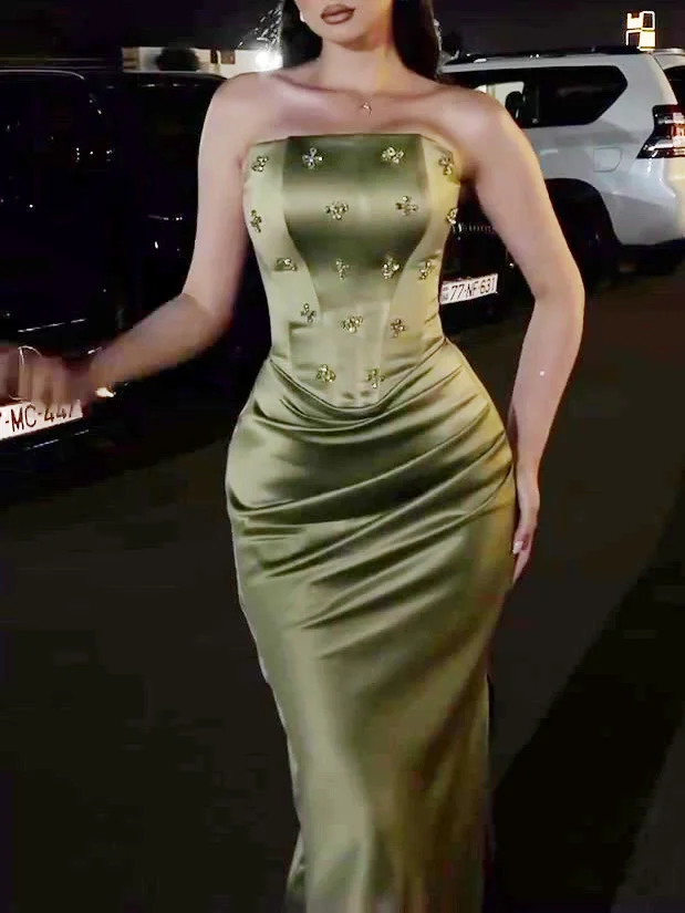 Strapless Rhinestone Pleated Satin Dress