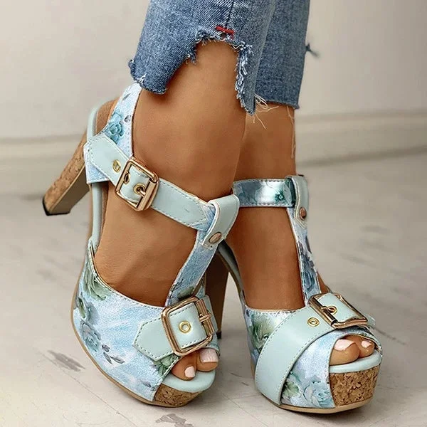 Flower Print Peep Toe Platform Chunky Heels