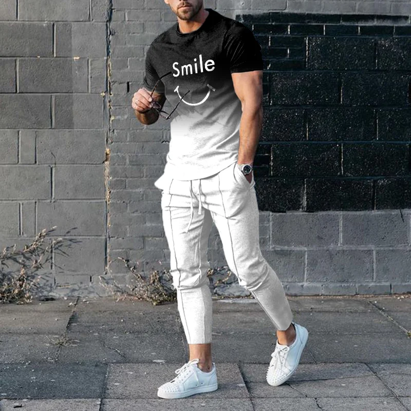 Black And White Gradient Sports T-Shirt And Pants Two-Piece Set