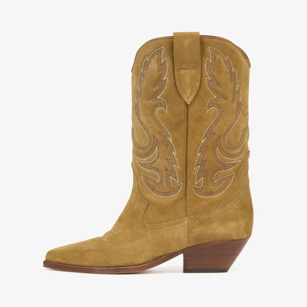 Tan Pointed Toe Chunky Heel Cowgirl Boots with Embroidered