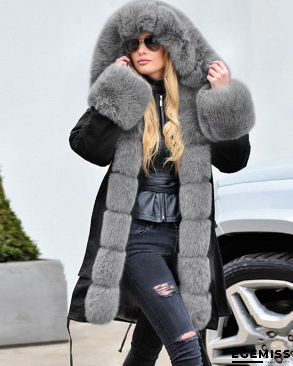 Faux Fur Patch Camouflage / Plain Hooded Parka Coat | EGEMISS