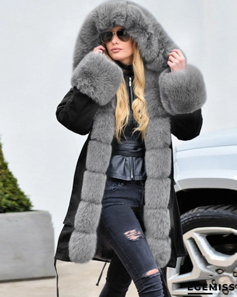 Faux Fur Patch Camouflage / Plain Hooded Parka Coat | EGEMISS