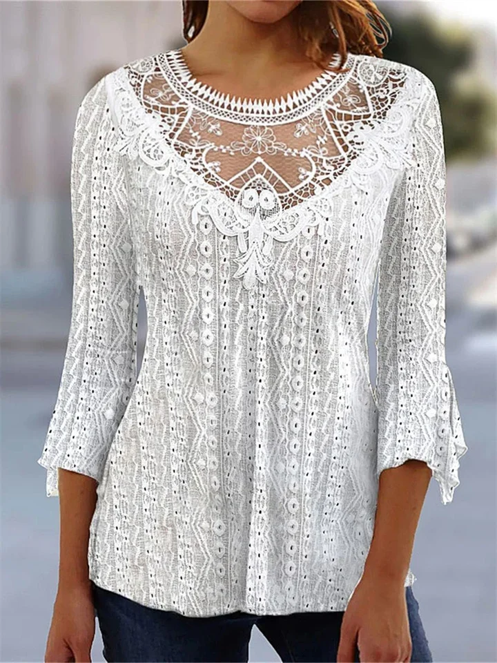 Women's Solid Color Comfortable Casual Skeleton See-through Lace Splicing Seven-quarter Sleeve Round Neck Blouse