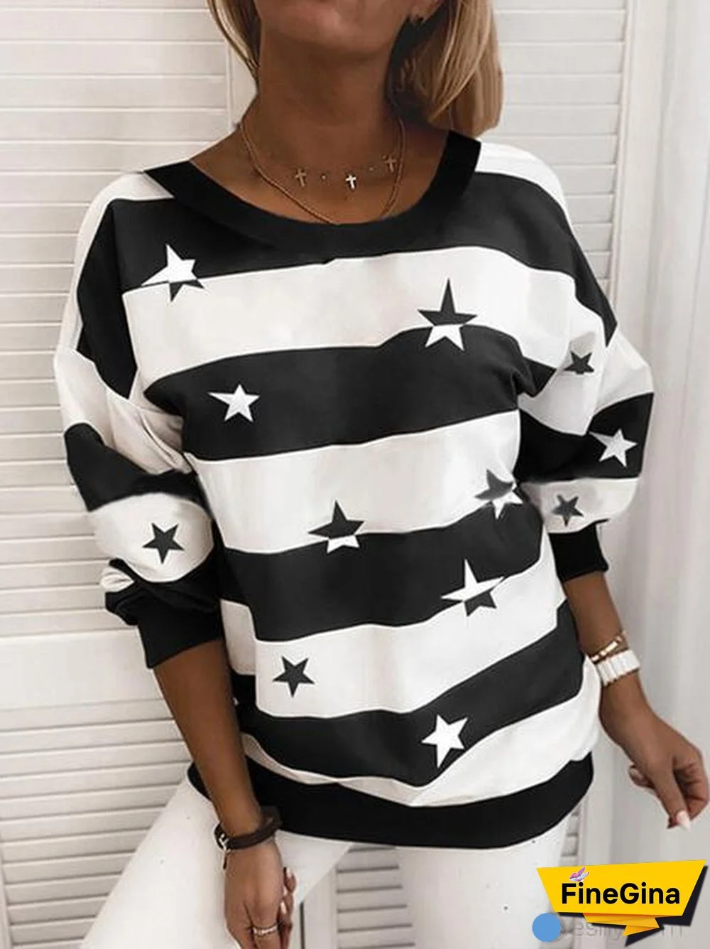 Stripe Star Print Round Neck Sweater