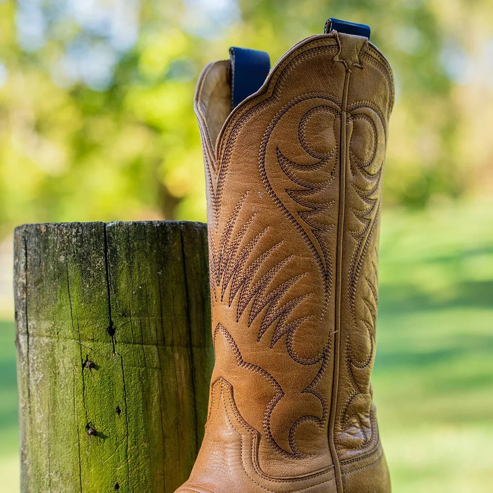 Tan Square Toe Stacked Heel Cowgirl Mid-Calf Boots with Embroidery
