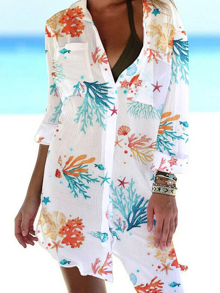 Women'S Shirt Dress Seaside Holiday Coral Pattern Casual Dress Shift Dress Mini Dress
