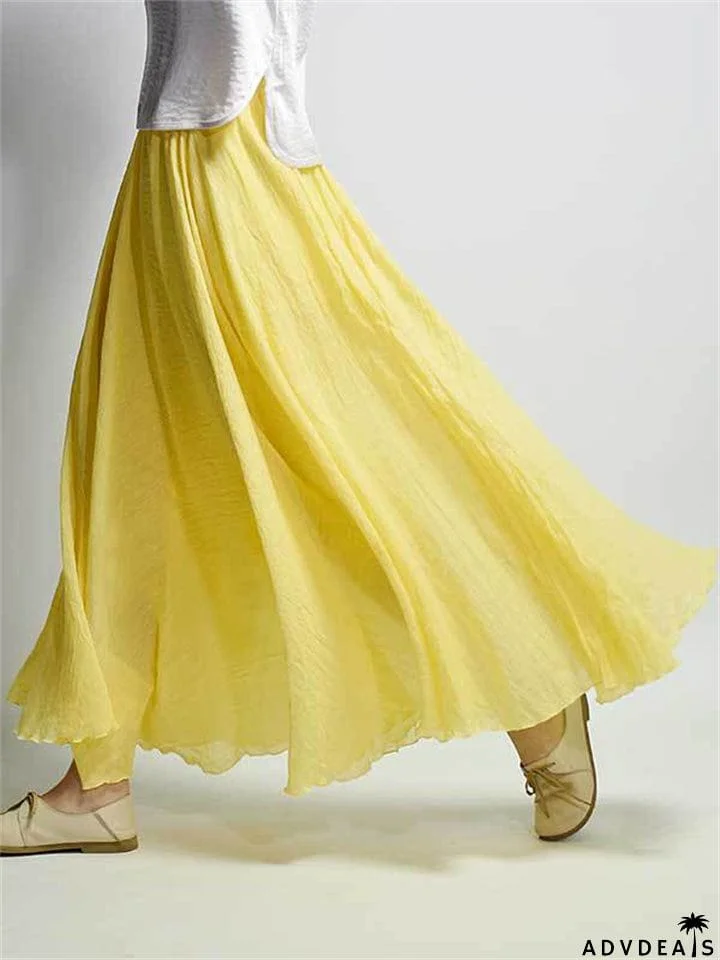 Women's Elastic Waist Pleated Maxi Linen Skirts