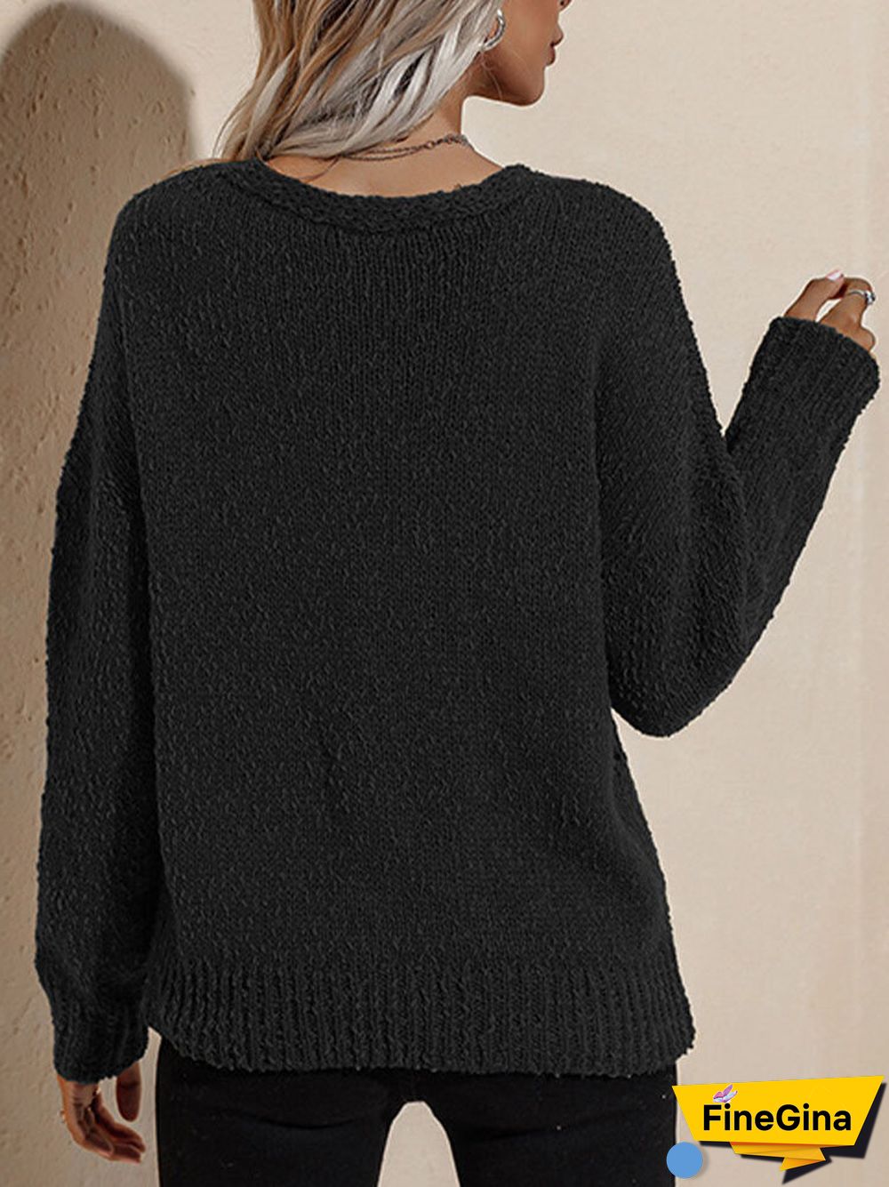 V-neck Long Sleeve Button Women Solid Knitted Cardigan