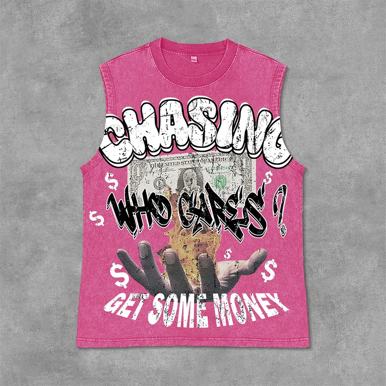 Vintage Chasing Money Graphic Print Acid Washed Street Sleeveless Tank Top SOPULA