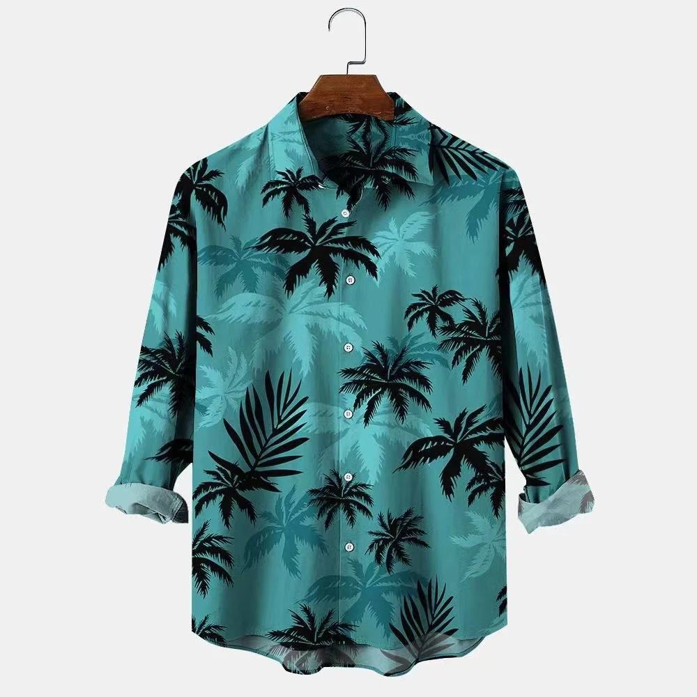 Coconut Tree Hawaiian Holiday Style Men's Long Sleeve Shirts-VESSFUL
