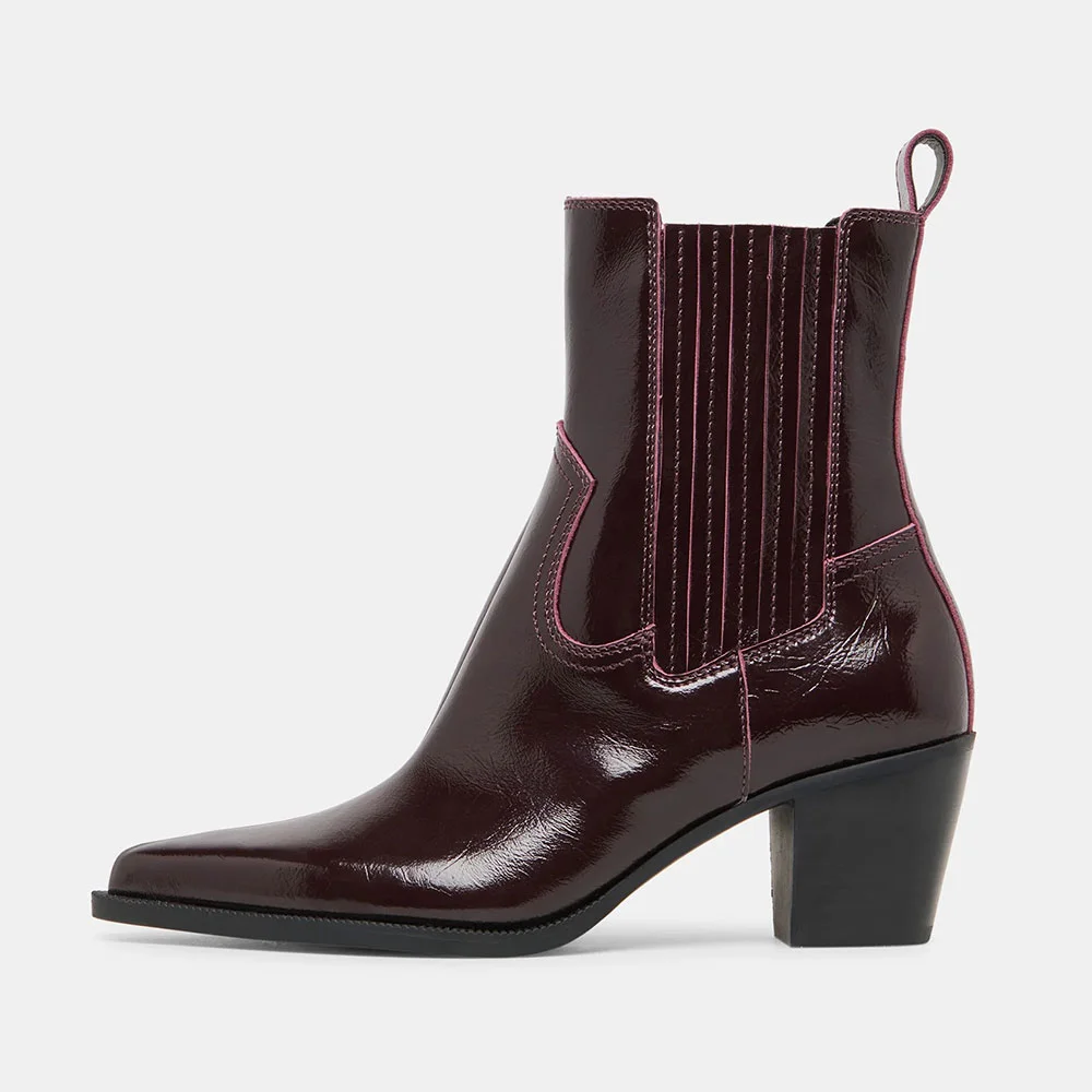 Maroon Mid Heeled Pointed Toe Slip On Chelsea Boots for Women