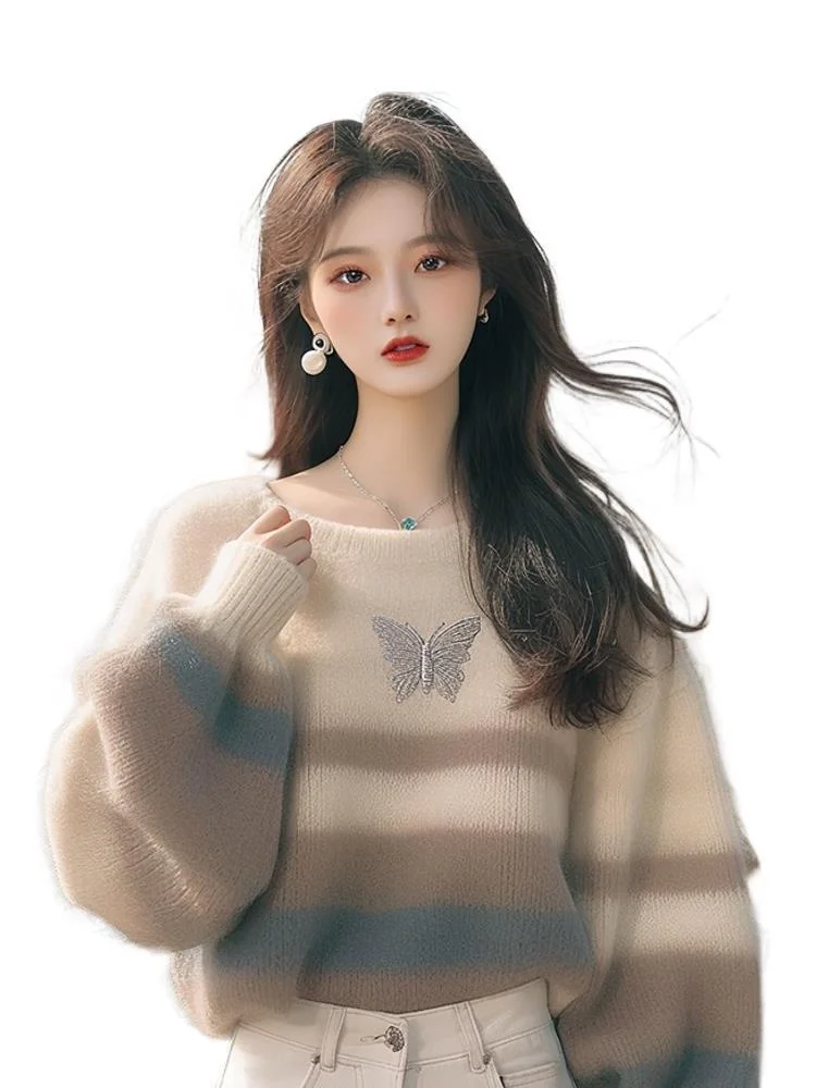 Athvotar Athvotar Fashion Style Sweater Korean Soft-Creative Languid Lazy Super-Good-Looking White Striped Print Sweater