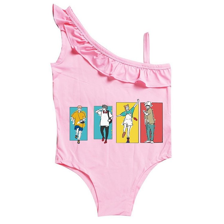Mayoulove Jujutsu Kaisen Print Little Girls Ruffle Shoulder One Piece Swimsuit-Mayoulove