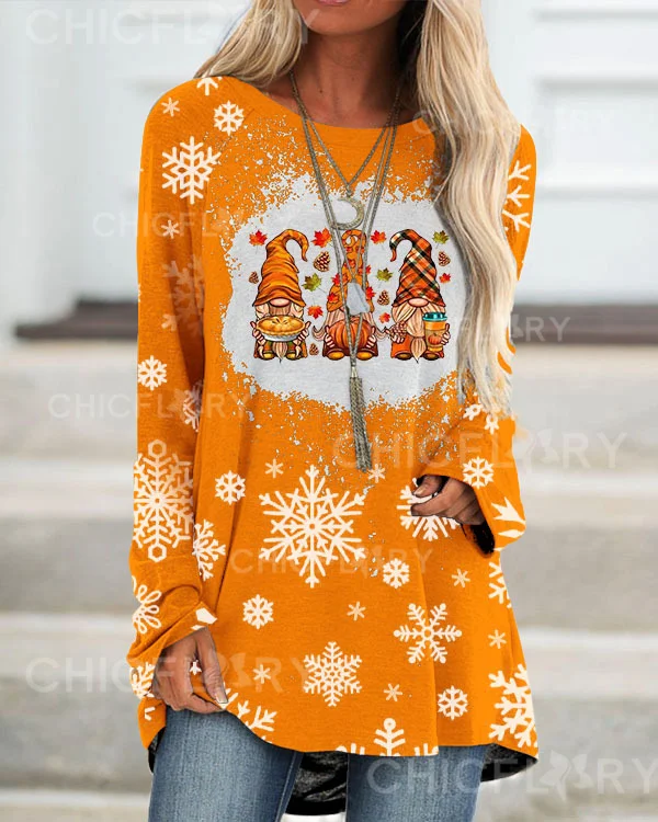 Women's Fall Gnomes Print  Loose Long Sleeve Top