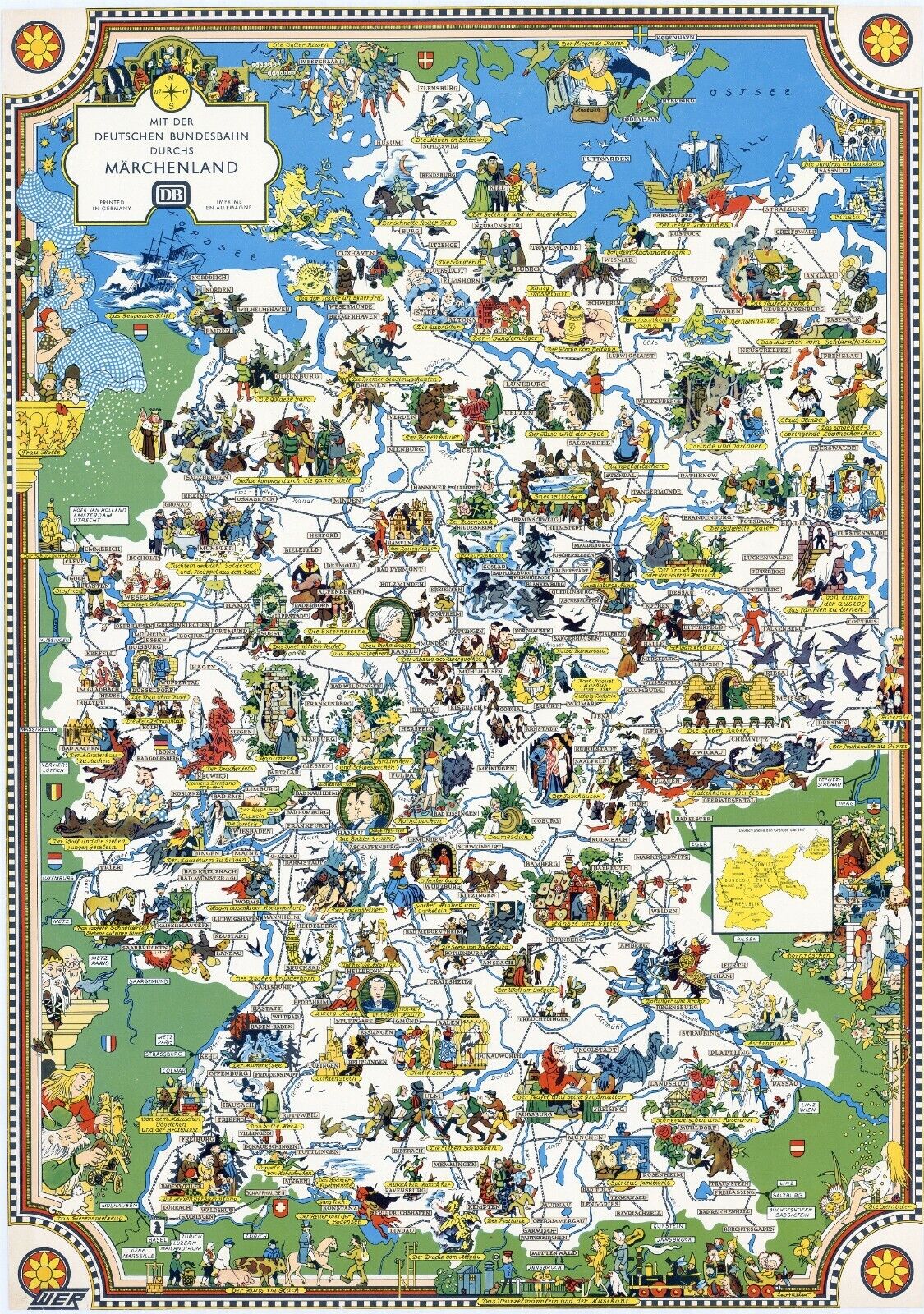 Retro Old German Fairytale Map Railway Travel Print Art Canvas Poster For Living Room Decor Home Wall Picture