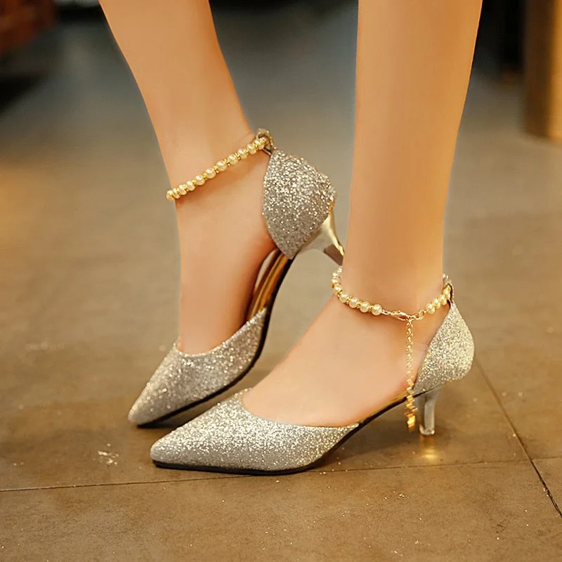 Sexy Pointed toe Pearl High heels shoes Female Fashion hollow with Sandals Paillette of the Thin Breathable shoes Women Pumps