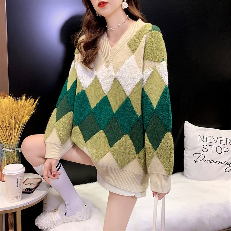 Long Sleeve Geometric Cotton-Blend Sweater