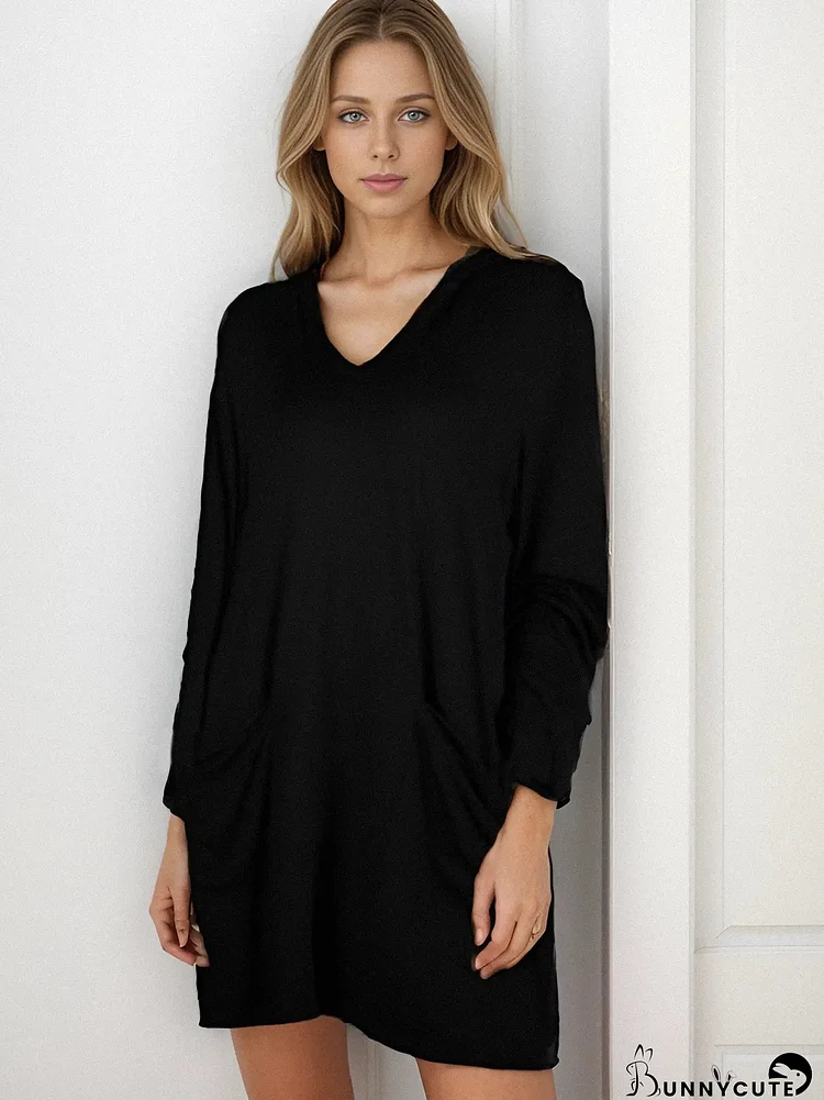 Solid Color Patched Pockets Tee Dress, Casual Long Sleeve Dress For Spring & Fall, Women's Clothing