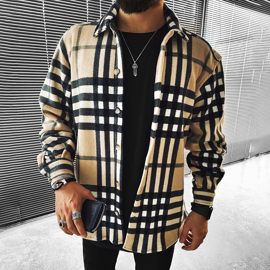 Oversized Check Striped Textured Long Sleeve Shirt/Jacket、、URBENIE