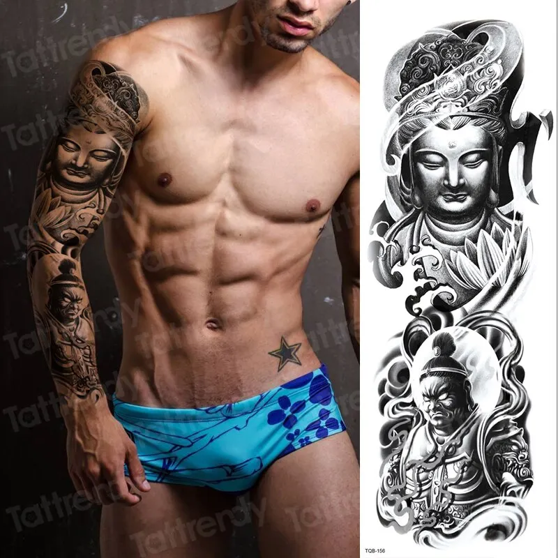 temporary tatoo men large waterproof temporary arm sleeve tattoo black robot mechanical tattoos tribal lion head king fox design
