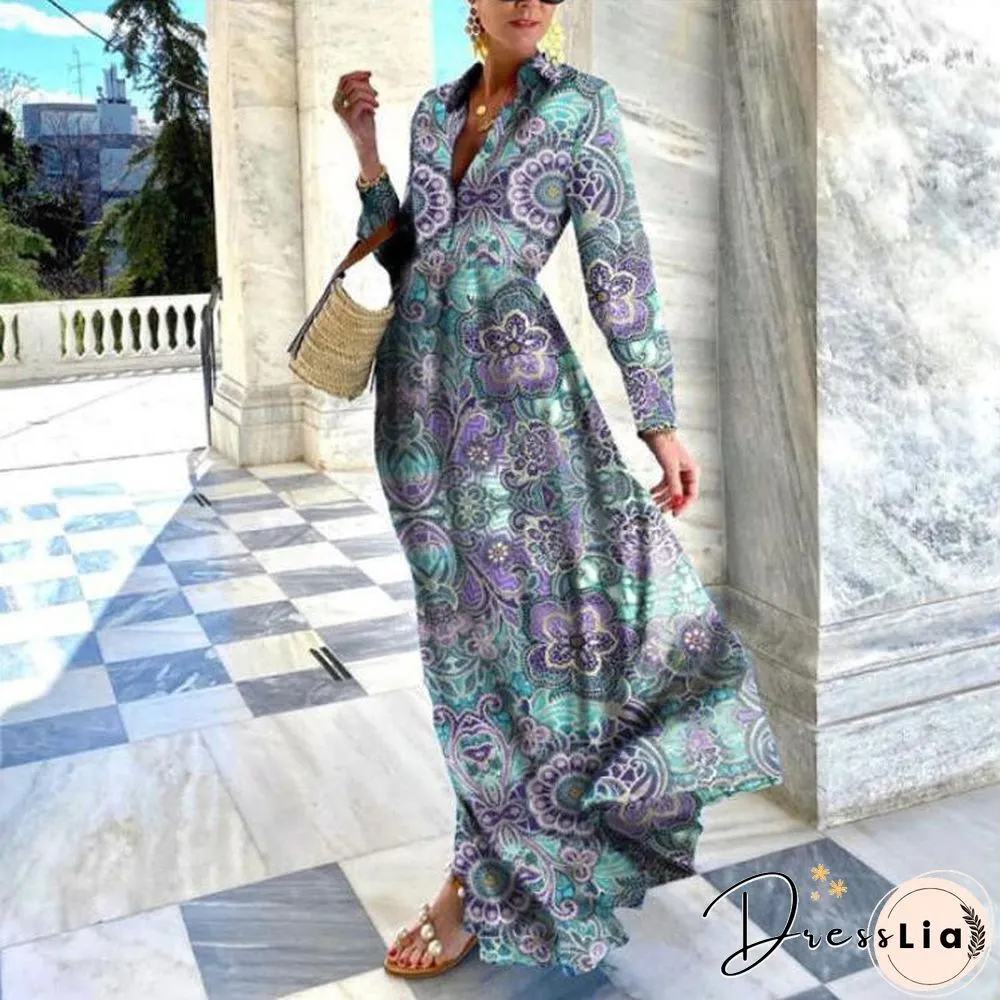 Elegant Lapel Printed Slim Long Sleeve Dress