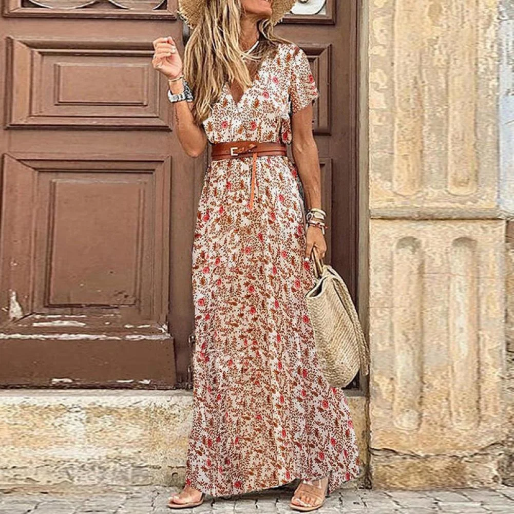 Women's Dress Summer Casual Boho Bohemian Long 2021 Chiffon Oversize Short Sleeve Maxi Beach Dress Casual Elegant Sundress